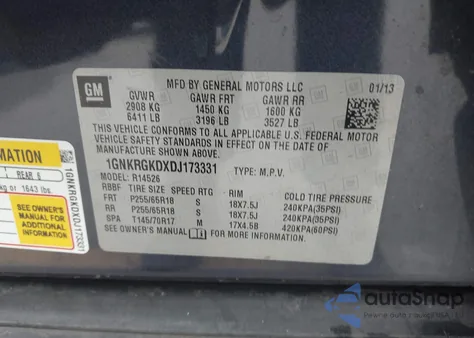 2013 Chevrolet Traverse 1Lt z USA, uszkodzony, nr VIN 1GNKRGKDXDJ173331